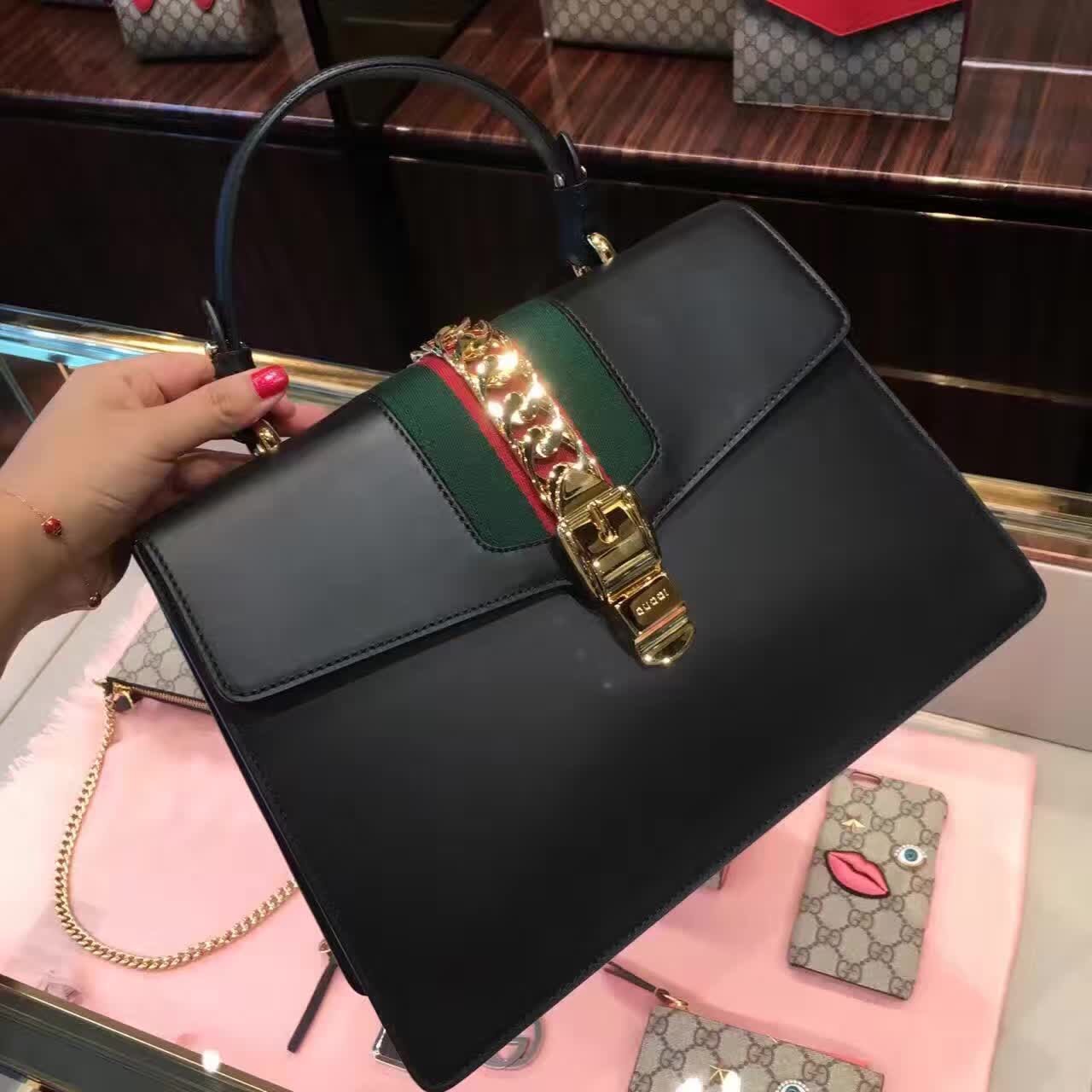 Authentic Gucci Sylvie Leather Top Handle Bag 431665 Black